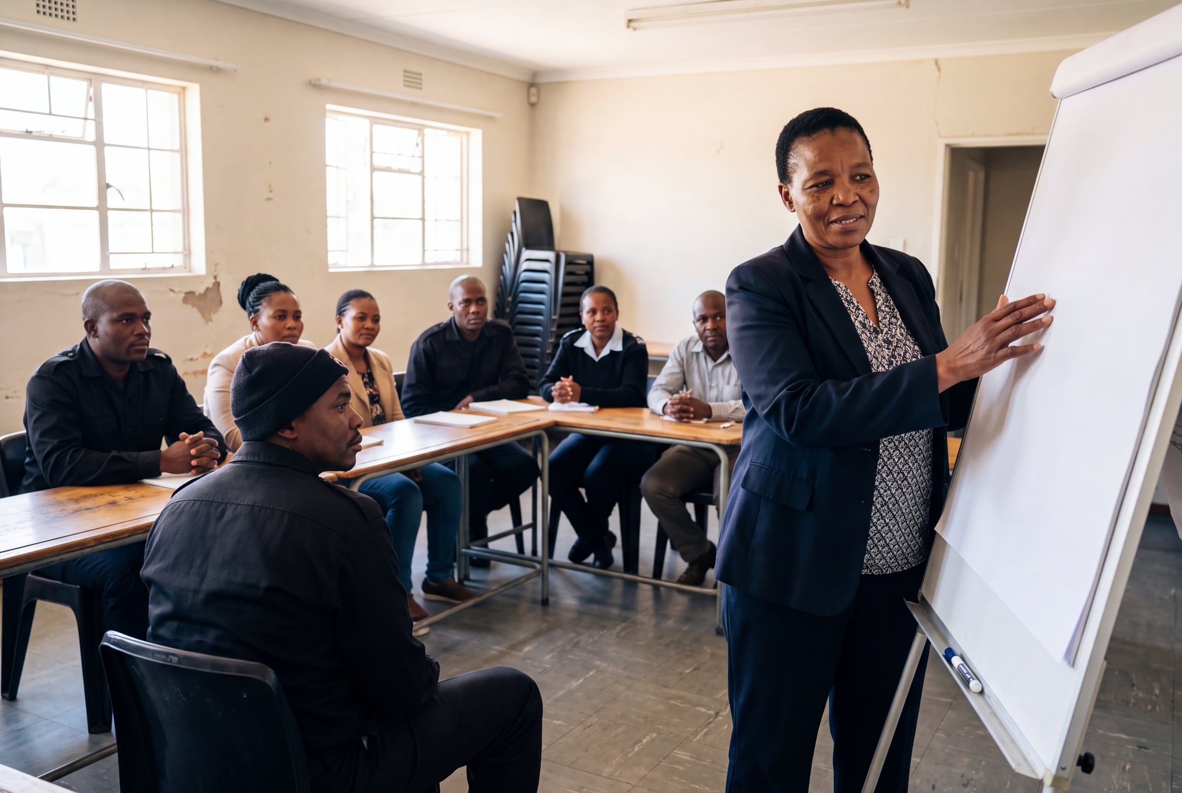 A worker-education workshop with security officers and workers