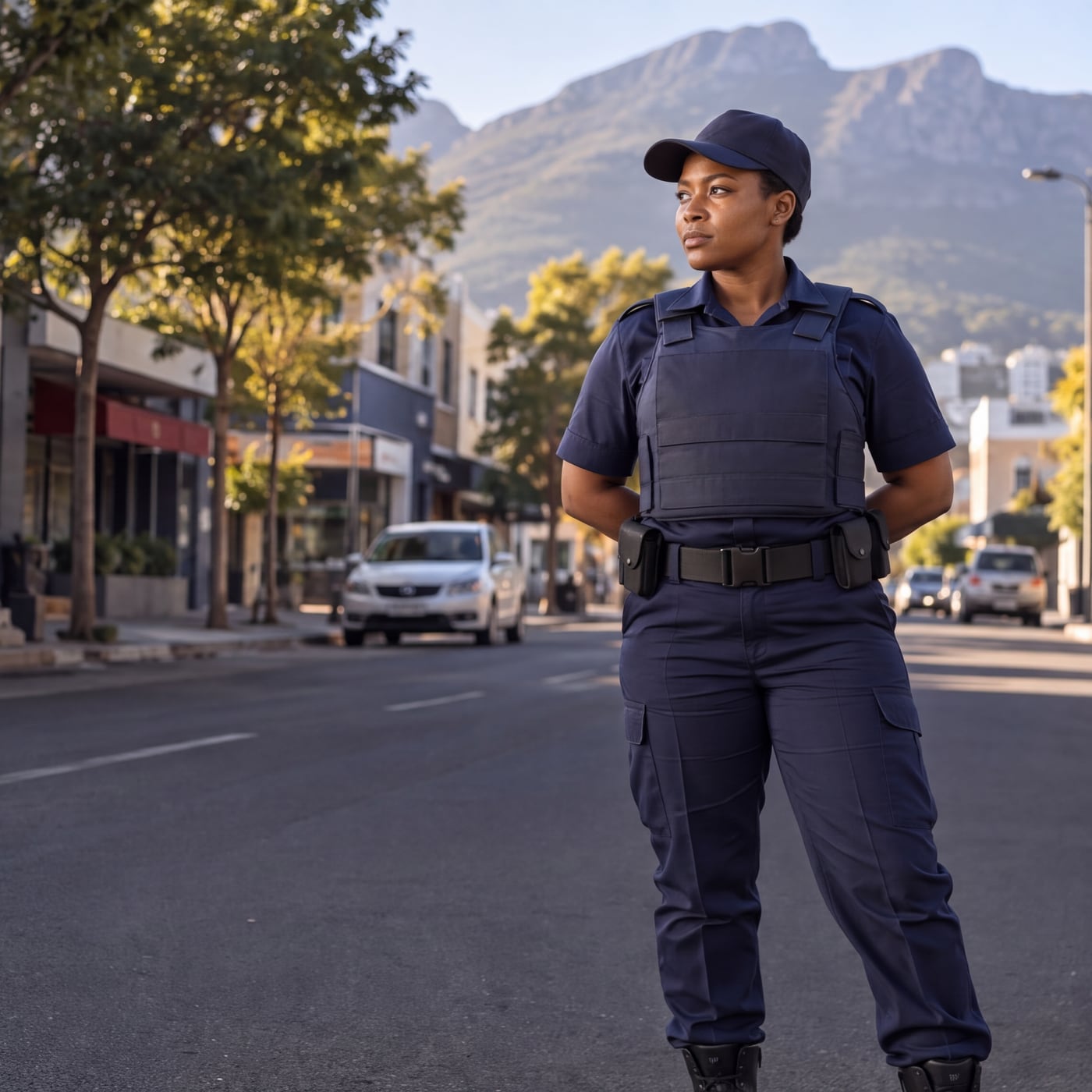 A police officer on duty on a South African street